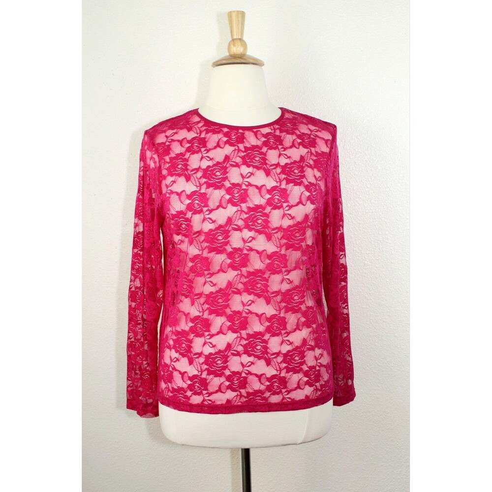 NWT Barbiecore Dopamine FEATHERS Bright Pink Lace Top Sz. 3X Stretchy LS #02